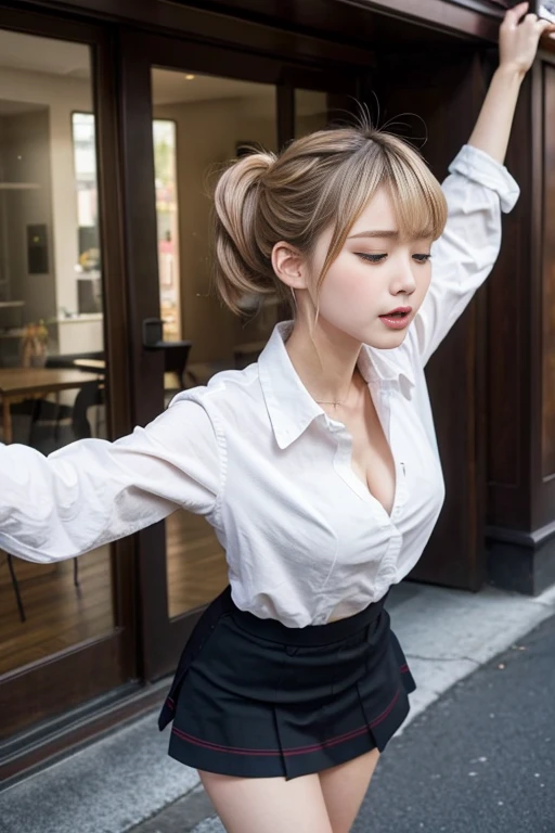 School, classroom, girl crucified on blackboard, full body, arms spread horizontally, Christ pose, (remote_play), (remote_tremble), olchan-6500-v1.1, Pyros face_v1, highest quality, masterpiece, shape, (realistic, photo realistic:1.37), amazing, detailed, change settings absurd, large file size, very detailed, high resolution, very detailed CG unity 8k wallpaper, ray tracing, browsing caution, 1 woman, Japanese, 19-year-old girl, (dark blonde medium wave hairstyle that falls over one eye. Bangs are slicked back.:1.3), (slender body),(OL, secretary, white collared shirt, micro mini skirt),(blushing:1.4),(cleavage), eyes closed, Witness an individual who is overwhelmed by the intense stimulation caused by a powerful vibrating device. A jolt of pleasure or surprise causes her to instinctively twist, her body responding to the electrical vibrations, her eyes closed and mouth open, her expression a mixture of joy and sadness, surprise, and a hint of vulnerability. The energy of the scene is palpable, and the viewer is invited to share in the thrilling experience on this theme, red collar, slavery, shackles