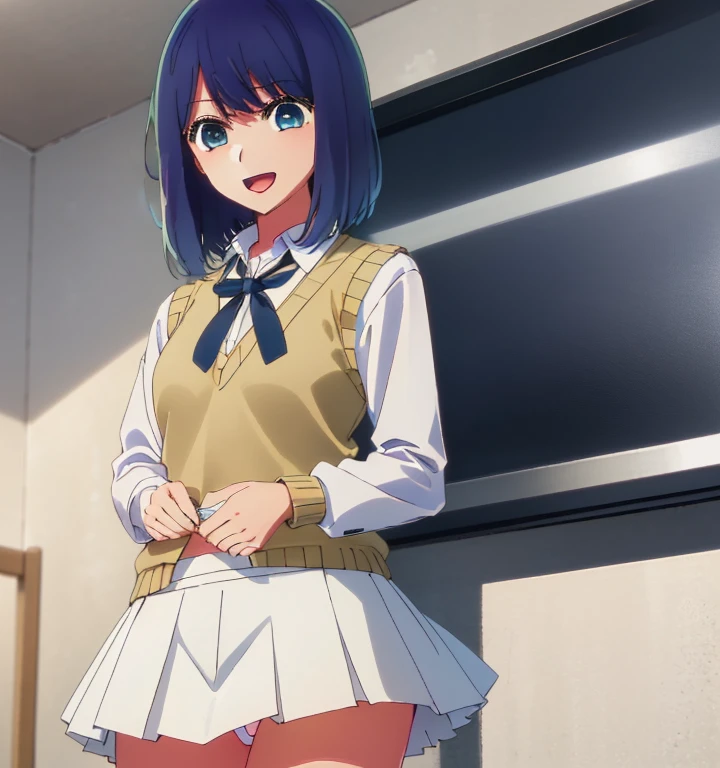 Beautiful lighting, One Girl, solo, Akane, White shirt, (((skirt)))，Sweater vest, Black vest, Blue tie, ((Anime Style))、((2D))、Laughter、Open your mouth、Look forward，((Cotton panties with crotch))，(((skirtめくり, I can see your pants)))，squat，From below，