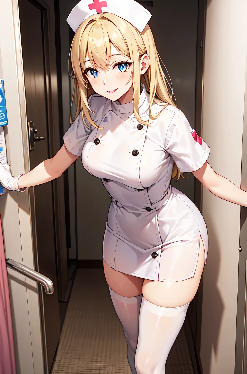 1woman, solo, nurse, white nurse cap, white nurse uniform, ((white legwear, zettai ryouiki)), white gloves, blonde hair, blue eyes, pink lips, smile, standing, ((hospital room)), sharp outline, short sleeves, mature female, 35 years old, best quality, masterpiece