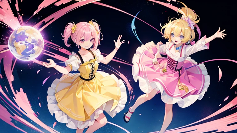 Anime Style,highest quality, masterpiece,Pink and yellow hair, iris, smile,Simple Background,Two Girls, fluid movement,Long skirt with ruffles,Planet Dance