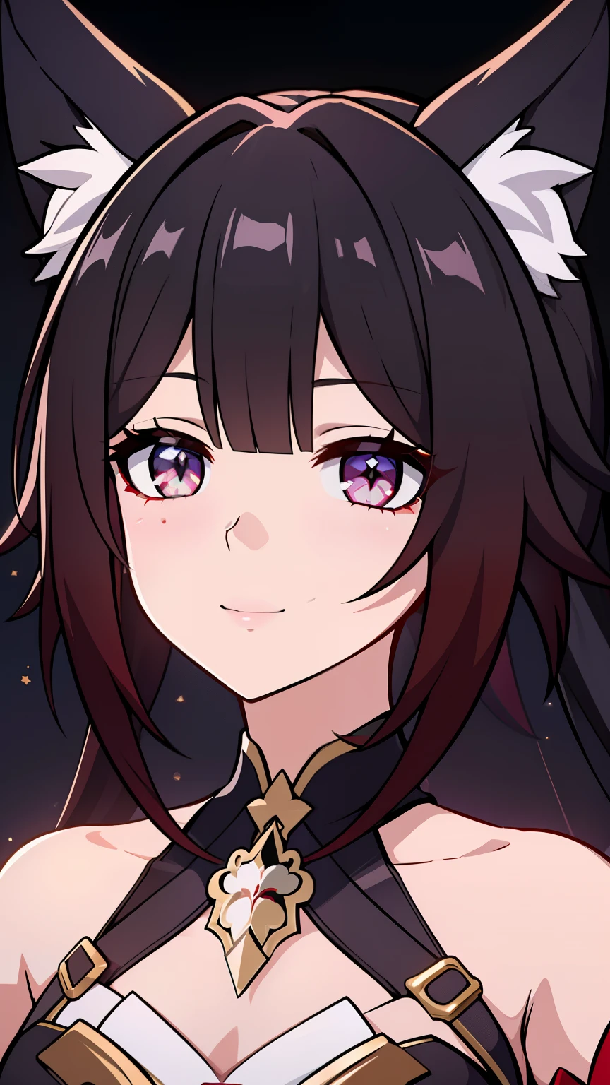 (high-quality, breathtaking),(expressive eyes, perfect face) 1girl, female, solo, portrait, honkai star rail inspired, medium, cheerful expression, Fox ears, Symmetrical Eyes,
