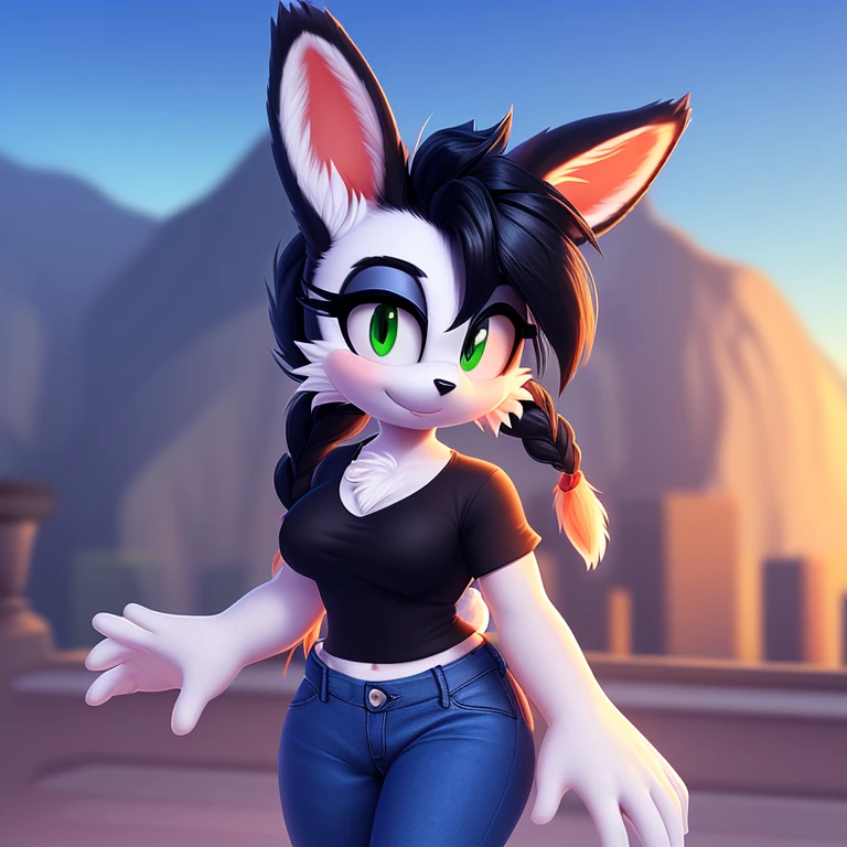 best quality, ultra-detailed, cinematic lighting, beautiful lighting, ((Masterpiece, humanoid hands)), hi res, detailed, detailed background, vibrant lighting, high quality, cartoon style, 2d, (Mobian:1.1), solo, ((1girl)), lean body, (((white body fur))), (((mobian bunny, green eyes, black eyelids, medium breasts, double braids, black hair, white belly fur, white fur hands))), tall, fluffy, (((chest fluff))), ((adult)), (((black shirt, short sleeves, blue short jeans))), side view, icon, pov, looking at viewer, shy blush, smiling, outside, realistic