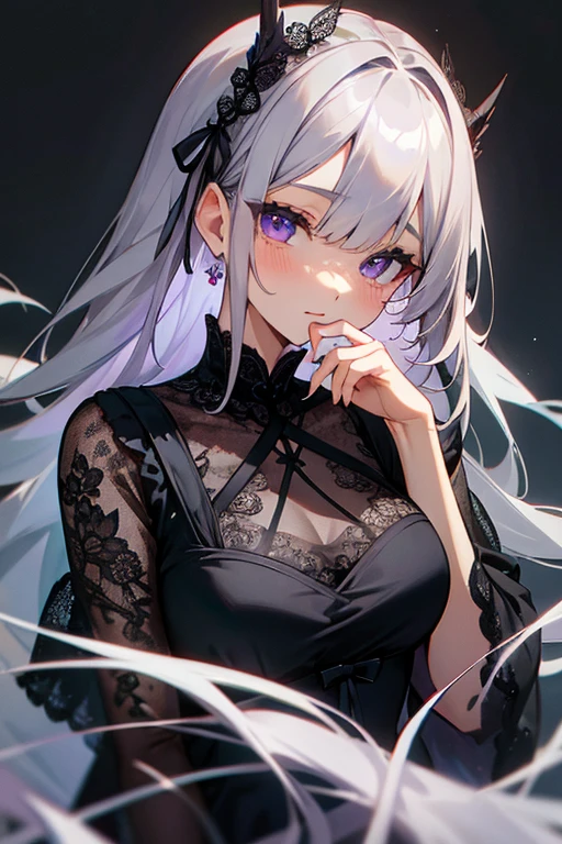 Gray Hair、long、Eyes are purple、black lace dress、cute、