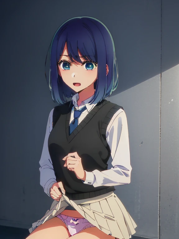 Beautiful lighting, One Girl, solo, Akane, White shirt, (((skirt))),Sweater vest, Black vest, Blue tie, ((Anime Style))、((2D))、Laughter、Open your mouth、Look forward,((Cotton panties with crotch)),(((skirtめくり, I can see your pants))),squat,From below,