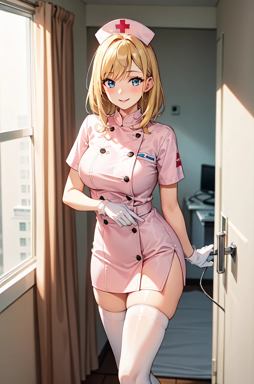 1woman, solo, nurse, white nurse cap, white nurse uniform, ((white legwear, zettai ryouiki)), white gloves, blonde hair, blue eyes, pink lips, smile, standing, ((hospital room)), sharp outline, short sleeves, mature female, 35 years old, best quality, masterpiece