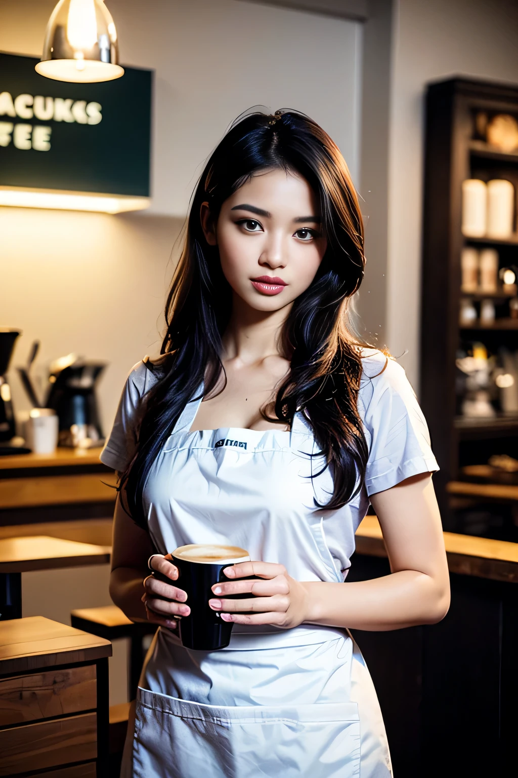 (barista,medium:1.1),(coffee making),(starbucks uniform),(apron:1.1),(professional:1.2),(beautiful detailed eyes),(beautiful detailed lips),(long hair),(big breasts:1.1),(confident expression),(eye-catching),(vibrant colors),(warm lighting),(realistic:1.37),(highres:1.2),(ultra-detailed),(physically-based rendering),(professional),(studio lighting),(bokeh:1.1)