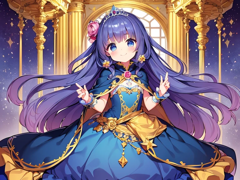 (kawaii),(best quality),(ultra detailed), upper body,(rococo style),(long train deep blue cape:1.15), very long cape,(long train deep blue ball gown with flower decorations:1.05), a girl is wearing a cape over her gown, 1 little princess, tiara, smile, very long hair, small breasts