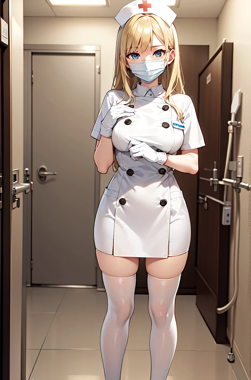 1woman, solo, nurse, white nurse cap, white nurse uniform, ((white legwear, zettai ryouiki)), white gloves, blonde hair, blue eyes, ((white surgical mask, covered nose)), standing, ((hospital room)), sharp outline, short sleeves, mature female, 35 years old, best quality, masterpiece