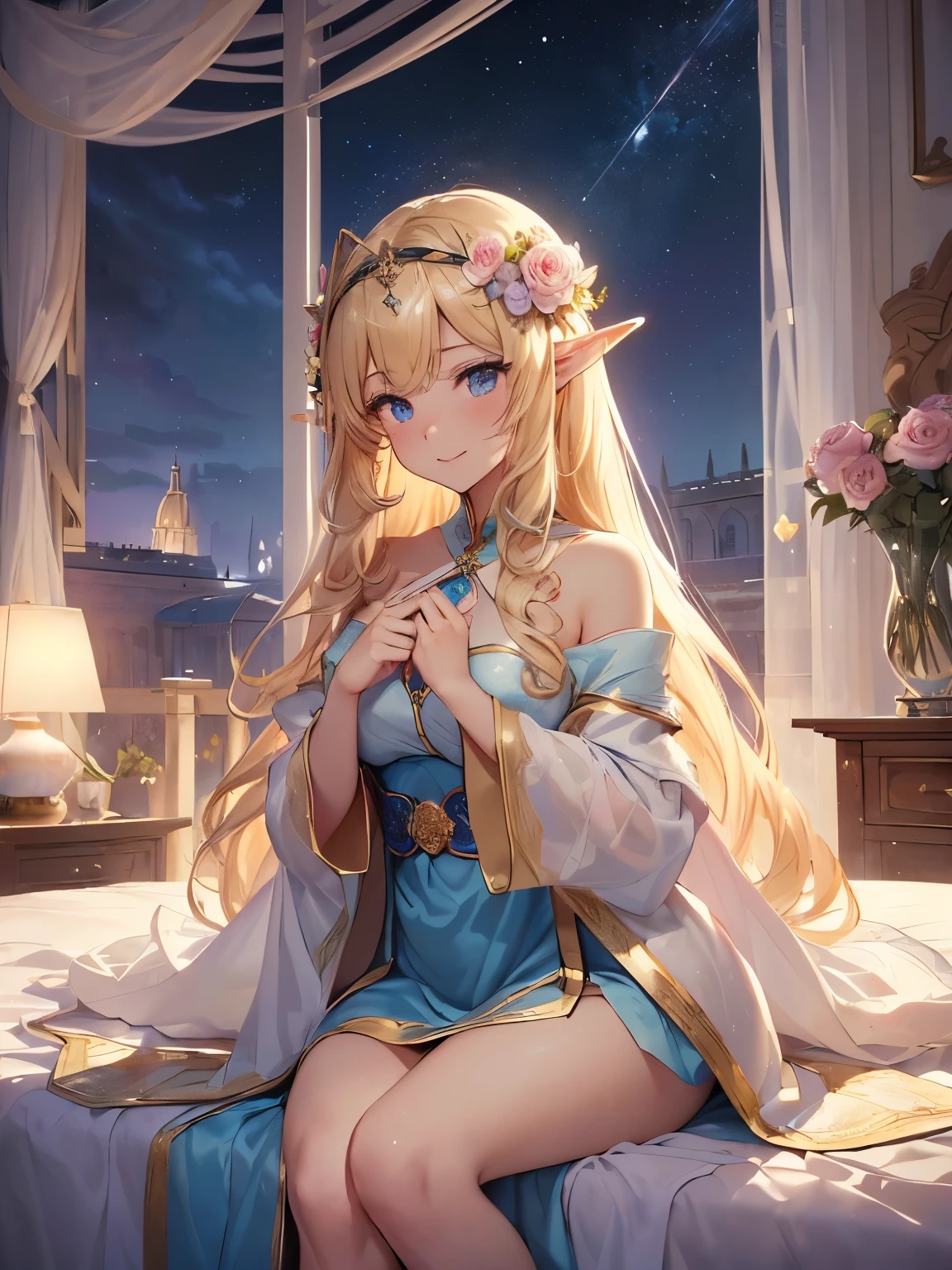 top-quality、Top image quality、​masterpiece、Super beautiful elf beauty((24 year old、Best Bust、big bast、Bust 90,美しいa blondアイロンをかけた長い髪、a blond、fullnude、A sexy、A slender、a closeup、Esbian、beautiful tiara、hiquality、Beautiful Art、Background with((starrysky)))masutepiece、visualart、depth of fields、low angle of morning sky、、Elven ears、、light magic、Space Knight、harp melody🎵、Happy smile、Gentle light、、Beautiful legs that are gentle on the skin、、、Number of fingers to achieve precise finger movements、ticker beautiful decoration underwear、elegent、Mystical　Rosa、　field under the flower garden、Marble pillars, beautiful dressy、bedroom、A sexy、nsfw、ベッドの上でA sexyポーズ、While lying down、fullnudeで誘惑