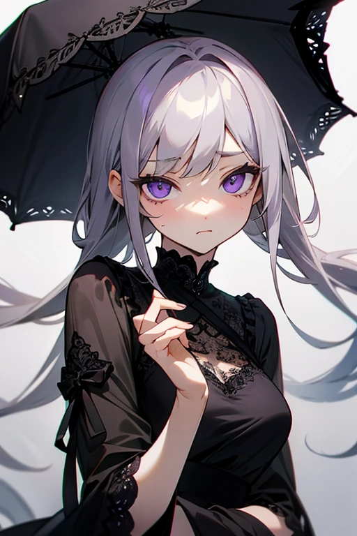 Gray Hair、long、Eyes are purple、black lace dress、cute、Expressionless、