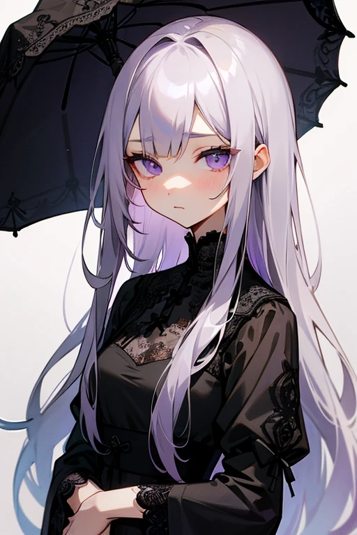 Gray Hair、long、Eyes are purple、black lace dress、cute、Expressionless、