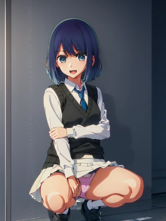 Beautiful lighting, One Girl, solo, Akane, White shirt, (((skirt))),Sweater vest, Black vest, Blue tie, ((Anime Style))、((2D))、Laughter、Open your mouth、Look forward,((Cotton panties with crotch)),(((skirtめくり, I can see your pants))),squat,From below,squat,squat,