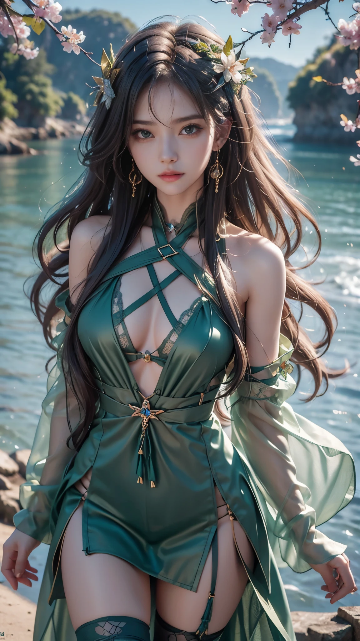 8K, ultra hd, masterpiece, hd colors, 1 girl, perfect face, very long curly hair, detailed eyes, simple clothing, ((green clothing)), stocking, ((criss-cross lace)), sardine, straps, net clothing, ((criss-cross loops)), jwellery, waterside, Realistic scenery, epic scenery, sun rising, evening, clouds, Butterfly, cherry blossom, blowing wind, perfect front pose,