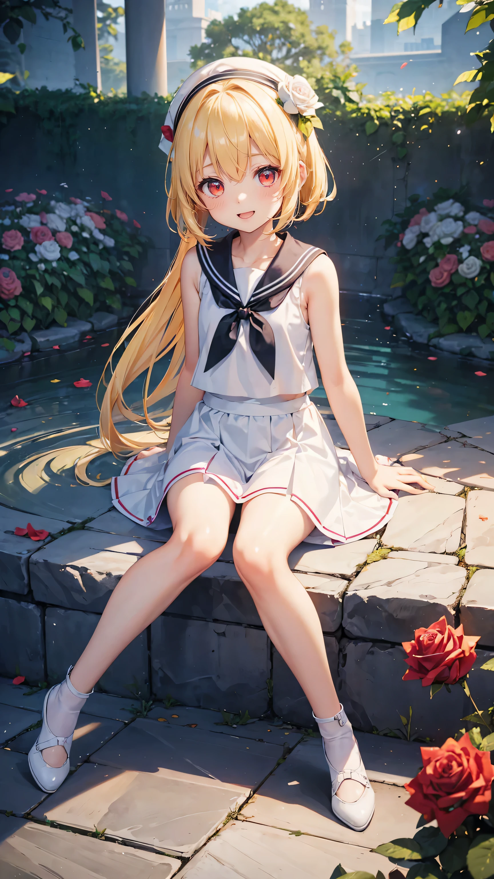 Very cute girl、(I'm 8 years old)、light yellow hair、Shortcuts、Bangs too close to the eyes、Glowing red eyes、(Normal Human Ear)、Thin arms、Beautiful body、Thin legs、Flat Chest、Translucent white skin、Happy smile、Open your mouth、(Sleeveless sailor suit、Ultra mini skirt).(Rose Garden)、Playing innocently、Ultra HD、Digital SLR、Many colorful roses blooming in the background、Upper Body Shot、Sitting with legs crossed、Sitting with knees hugged、running、