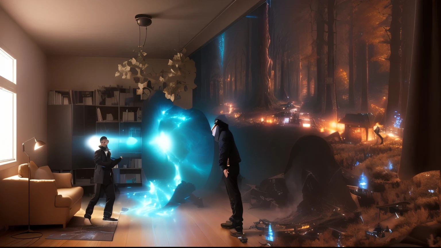 A man is standing in the living room, virtual metaverse room, ,erik johansson style, Augmented Reality,, metaverse concept art, 3D AR VR art, Surrealism, erik johansson, realistic fantasy rendering, Holographic projection, Enhance vision, Magical realism style, Holodeck