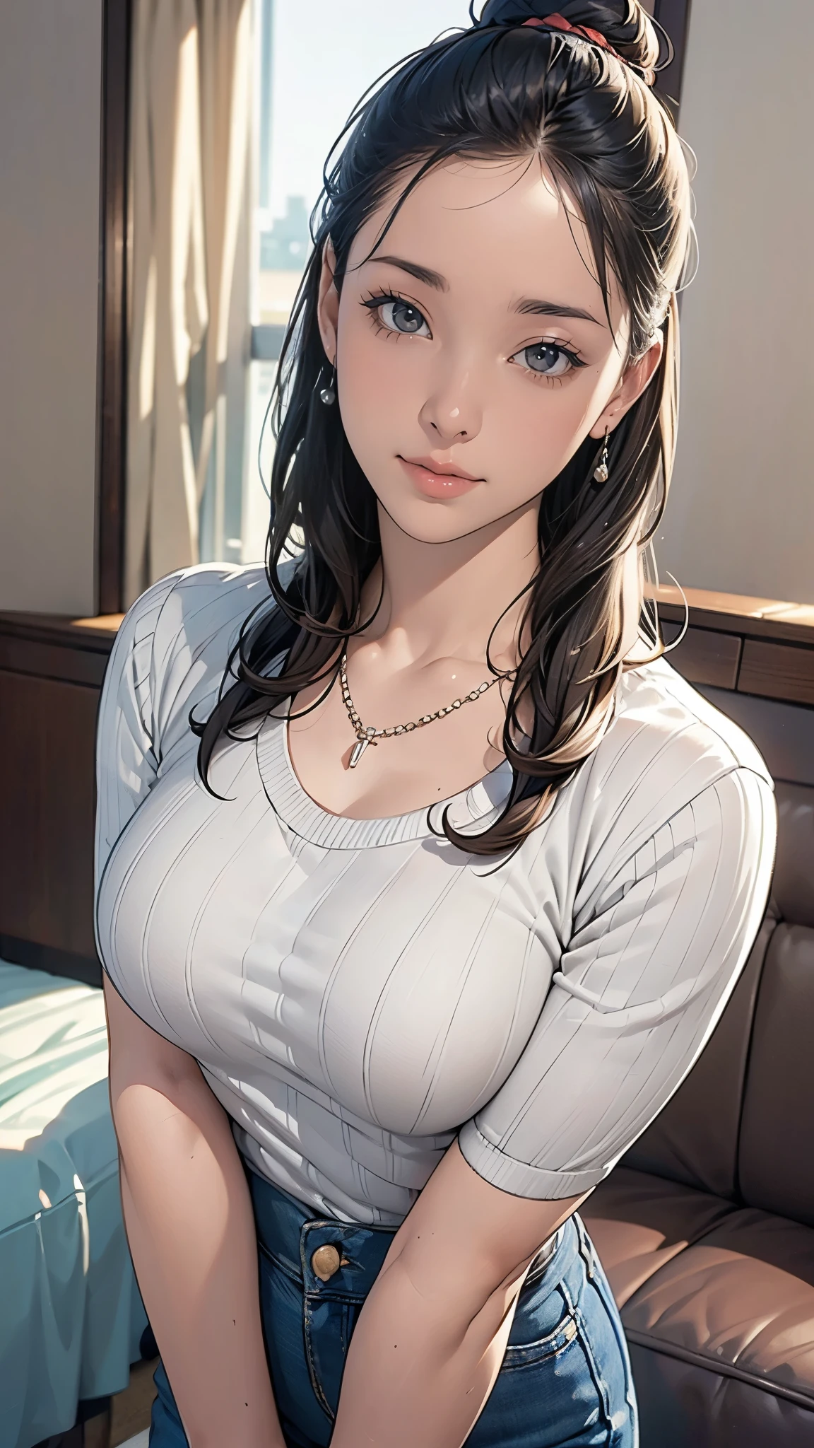 A close up of a woman with a white shirt and blue jeans - SeaArt AI