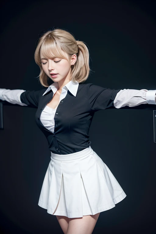 School, classroom, girl crucified on blackboard, full body, arms spread horizontally, Christ pose, (remote_play), (remote_tremble), olchan-6500-v1.1, Pyros face_v1, highest quality, masterpiece, shape, (realistic, photo realistic:1.37), amazing, detailed, change settings absurd, large file size, very detailed, high resolution, very detailed CG unity 8k wallpaper, ray tracing, browsing caution, 1 woman, Japanese, 19-year-old girl, (dark blonde medium wave hairstyle that falls over one eye. Bangs are slicked back.:1.3), (slender body),(OL, secretary, white collared shirt, micro mini skirt),(blushing:1.4),(cleavage), eyes closed, Witness an individual who is overwhelmed by the intense stimulation caused by a powerful vibrating device. A jolt of pleasure or surprise causes her to instinctively twist, her body responding to the electrical vibrations, her eyes closed and mouth open, her expression a mixture of joy and sadness, surprise, and a hint of vulnerability. The energy of the scene is palpable, and the viewer is invited to share in the thrilling experience on this theme, red collar, slavery, shackles