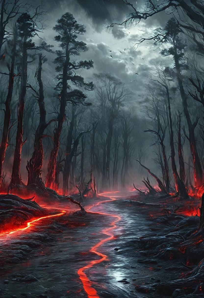 road to hell,dead trees,bloody red snake,heavy clouds,sinister,detailed matte painting,hyperdetailed charcoal drawing,oil painting by James Gurney,(best quality,4k,8k,highres,masterpiece:1.2),ultra-detailed,(realistic,photorealistic,photo-realistic:1.37),HDR,UHD,studio lighting,ultra-fine painting,sharp focus,physically-based rendering,extreme detail description,professional,vivid colors,bokeh,portraits,landscape,horror,anime,sci-fi,photography,concept artists,cooler tones,moody lighting.