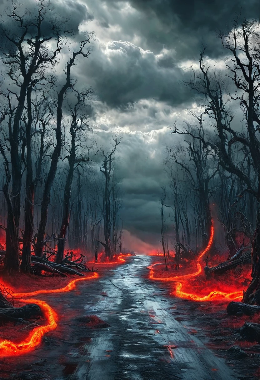 road to hell,dead trees,bloody red snake,heavy clouds,sinister,detailed matte painting,hyperdetailed charcoal drawing,oil painting by James Gurney,(best quality,4k,8k,highres,masterpiece:1.2),ultra-detailed,(realistic,photorealistic,photo-realistic:1.37),HDR,UHD,studio lighting,ultra-fine painting,sharp focus,physically-based rendering,extreme detail description,professional,vivid colors,bokeh,portraits,landscape,horror,anime,sci-fi,photography,concept artists,cooler tones,moody lighting.