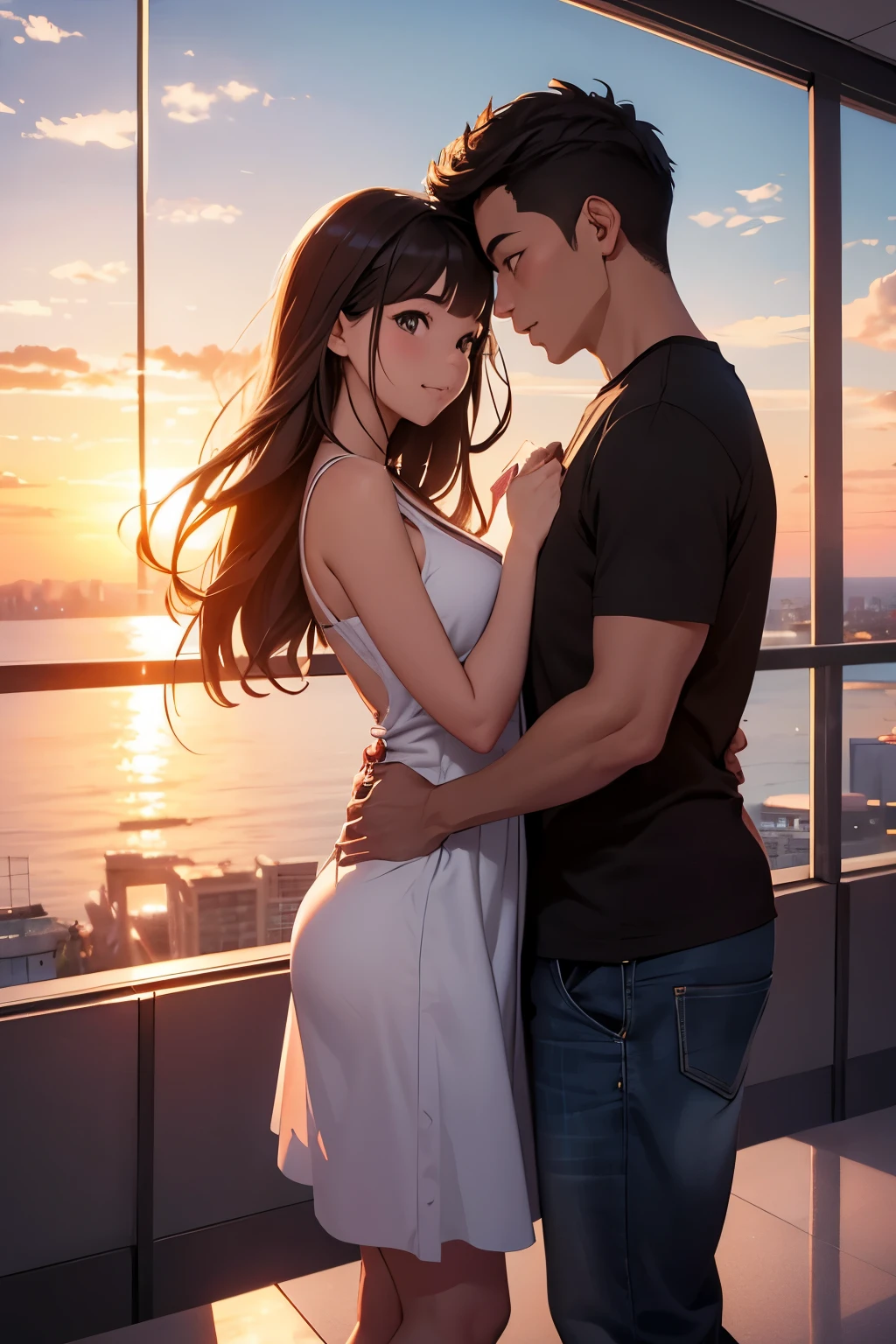 cute couple watching the sunset, observation deck,casual style, masterpiece