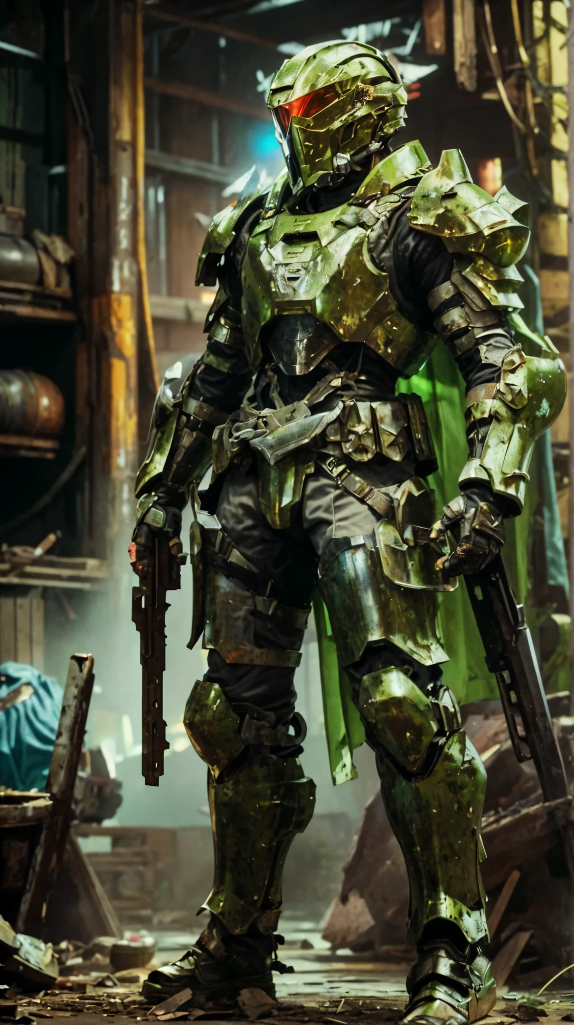 lime green armor, weathered armor, rusted armor, dust,(best quality,4k,8k,highres,masterpiece:1.2),ultra-detailed, detailed background, depth of field