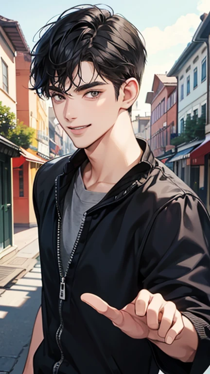 A man in his 20s smiling and looking at me,Short-haired and black-haired,cool,Waving,In town,