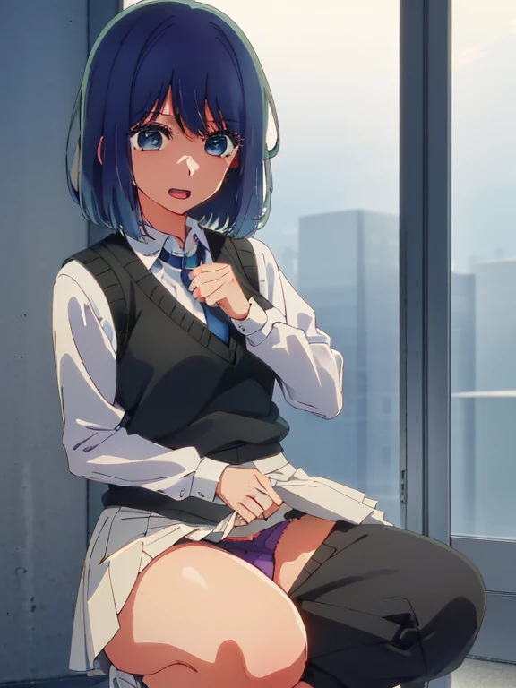 Beautiful lighting, One Girl, solo, Akane, White shirt, (((skirt)))，Sweater vest, Black vest, Blue tie, ((Anime Style))、((2D))、Laughter、Open your mouth、Look forward，((Cotton panties with crotch))，(((skirtめくり, I can see your pants)))，squat，From below，squat，squat，