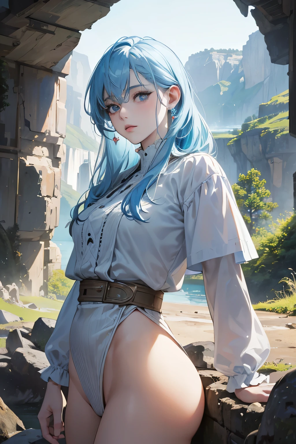 (absurdres, highres, ultra detailed),masterpiece,best quality,high resolution,8k,Realistic face,Realistic skin texture,magnified textures, stunning clarity,detailed anime girl,ultra detailed eyes and faces,standing distopian society,pale skin,light blue hair,cave,lake,ruins,cowboy shot,look at viewer,big ass,