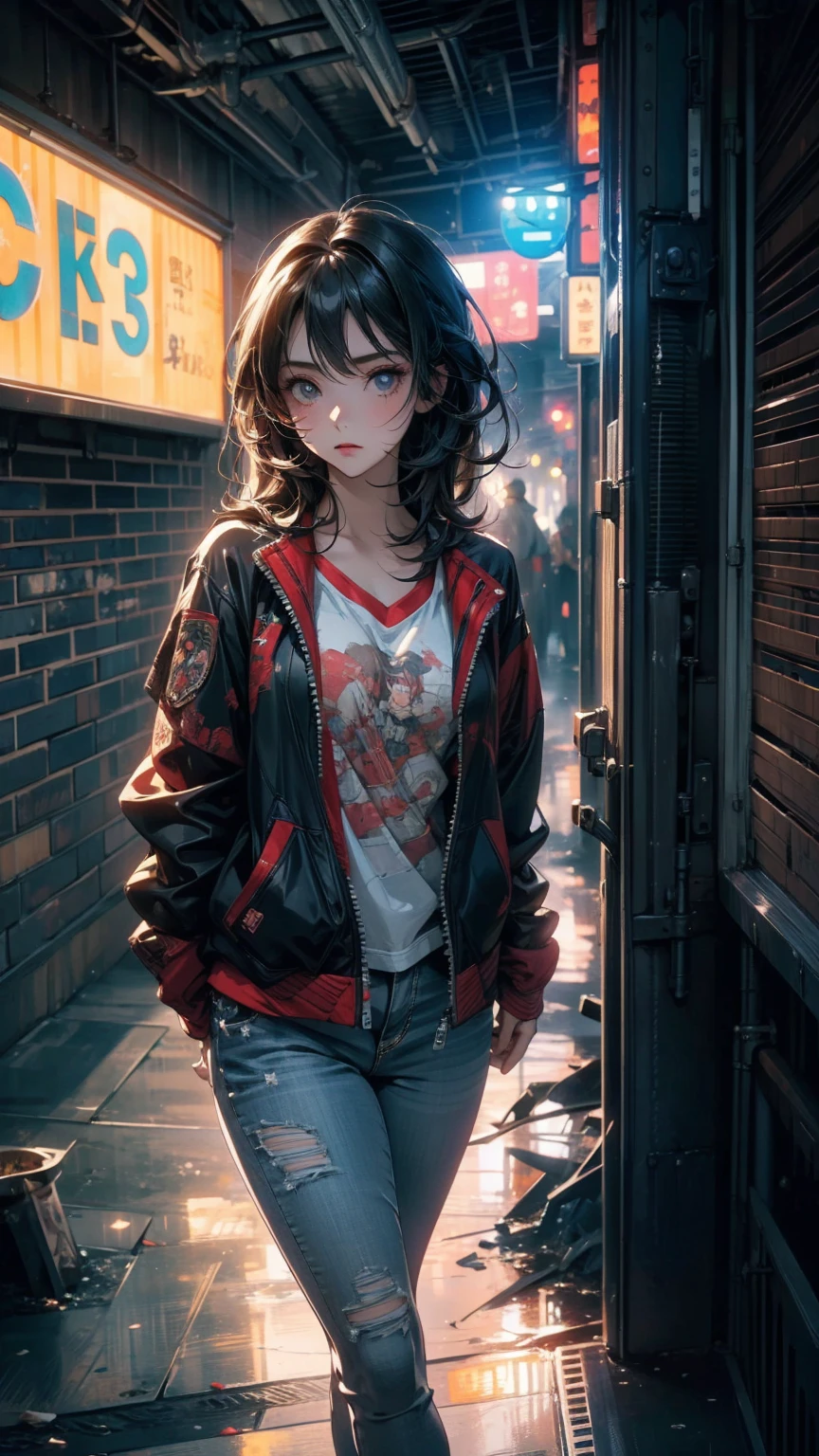 ((Highly detailed CG unit 8K wallpaper, masterpiece, High resolution, highest quality)), Structure from head to thighs:1.3, Upper body focus, 20 year old woman with dark hair, Avant-garde makeup, Hands in pockets pose:1.5, Grunge Fashion:1.2, wear a blouson:1.2, Blurred Background, A colorful, deserted alley, Cinema Lighting, Anime Style, Simple lines, Digital Painting,