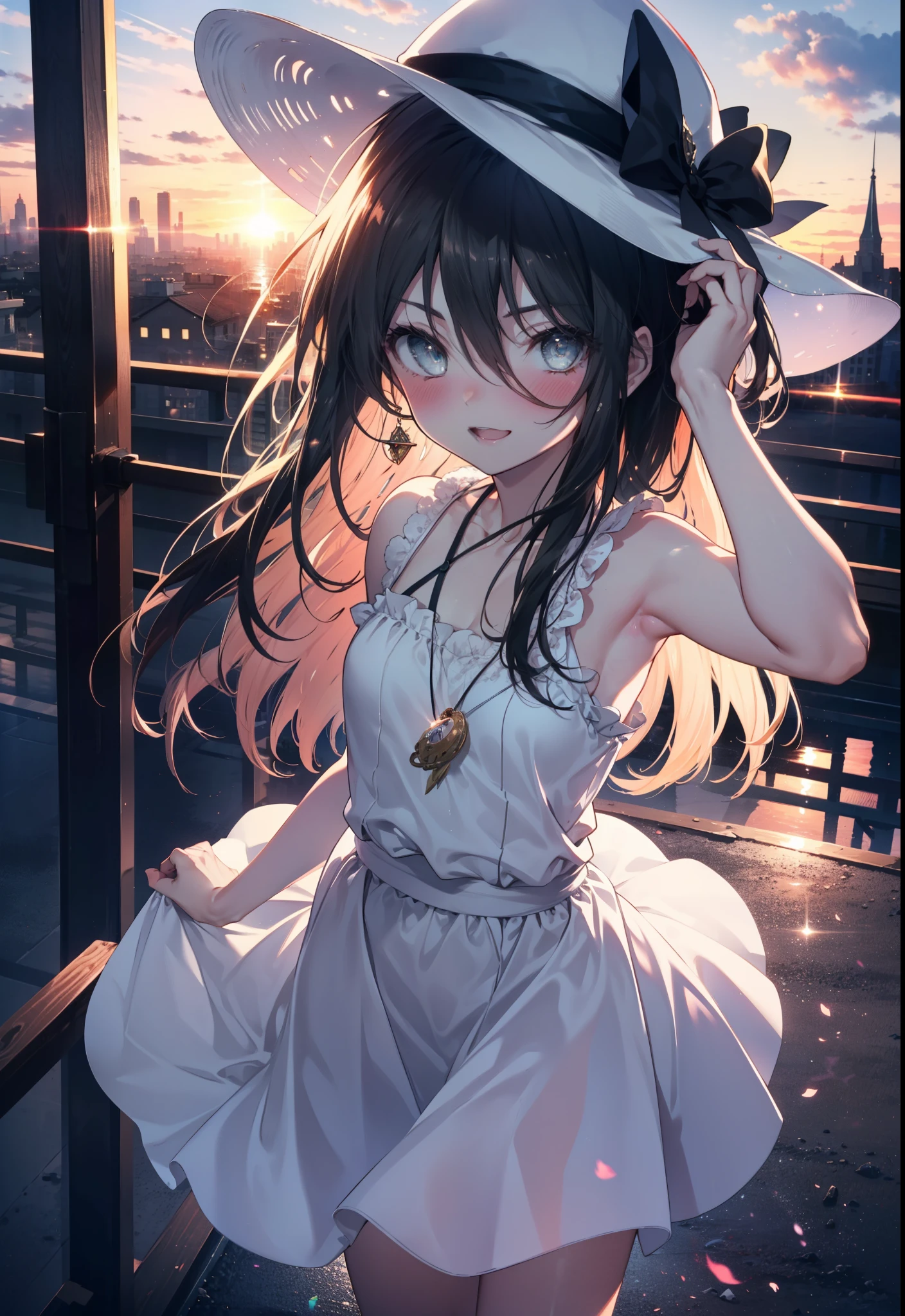 Shana,灼眼のShana,Ahoge,Long Hair,Black Hair, black eye, Small breasts,smile,blush,Open your mouth,Sleeveless dress,Bare shoulders,bare clavicle,Bare neck,Rocket Pendant,White hat,Long skirt,Cute heeled sandals,Looking down from above,sunset,evening,The sun is setting,
break looking at viewer, (Cowboy Shot:1. 5)
break outdoors, City Street,Building district,
break (masterpiece:1.2), highest quality, High resolution, unity 8k wallpaper, (shape:0.8), (Fine and beautiful eyes:1.6), Highly detailed face, Perfect lighting, Highly detailed CG, (Perfect hands, Perfect Anatomy),