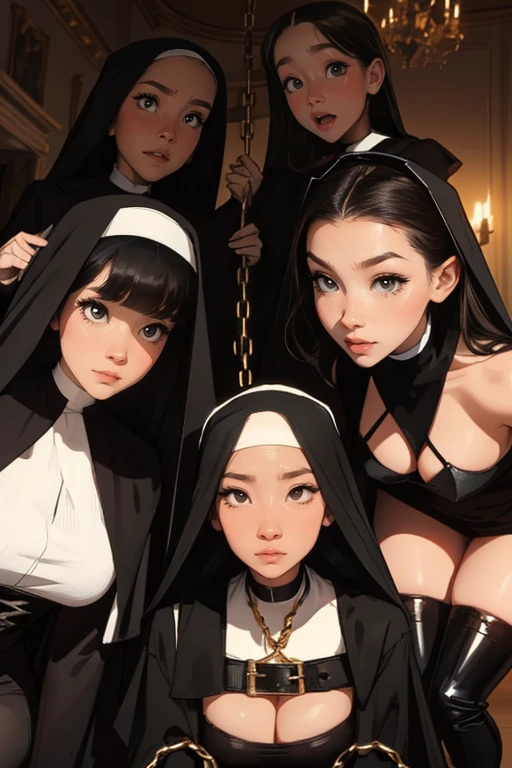 Dynamic shot, ((3 females)), A picture of 2 beautiful succubus girls and 1 sexy nun on a leash, ((2 demon girls and a nun)), nun, demons, beautiful demon girls, horror, dark, sexy, rough domination, domination, nun on a leash, bdsm, golden chains,(golden leash), collar, beautiful bodies, slim, horror style, highly detailed faces, stockings, leather tight boots, camera from below, closeup