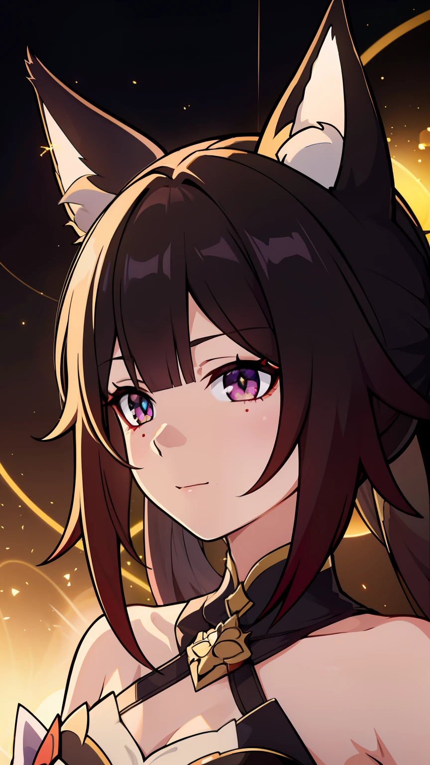 (high-quality, breathtaking),(expressive eyes, perfect face) 1girl, female, solo, portrait, honkai star rail inspired, medium, cheerful expression, Fox ears, Symmetrical Eyes, black background, fireflies background, soft lights, long hair length
