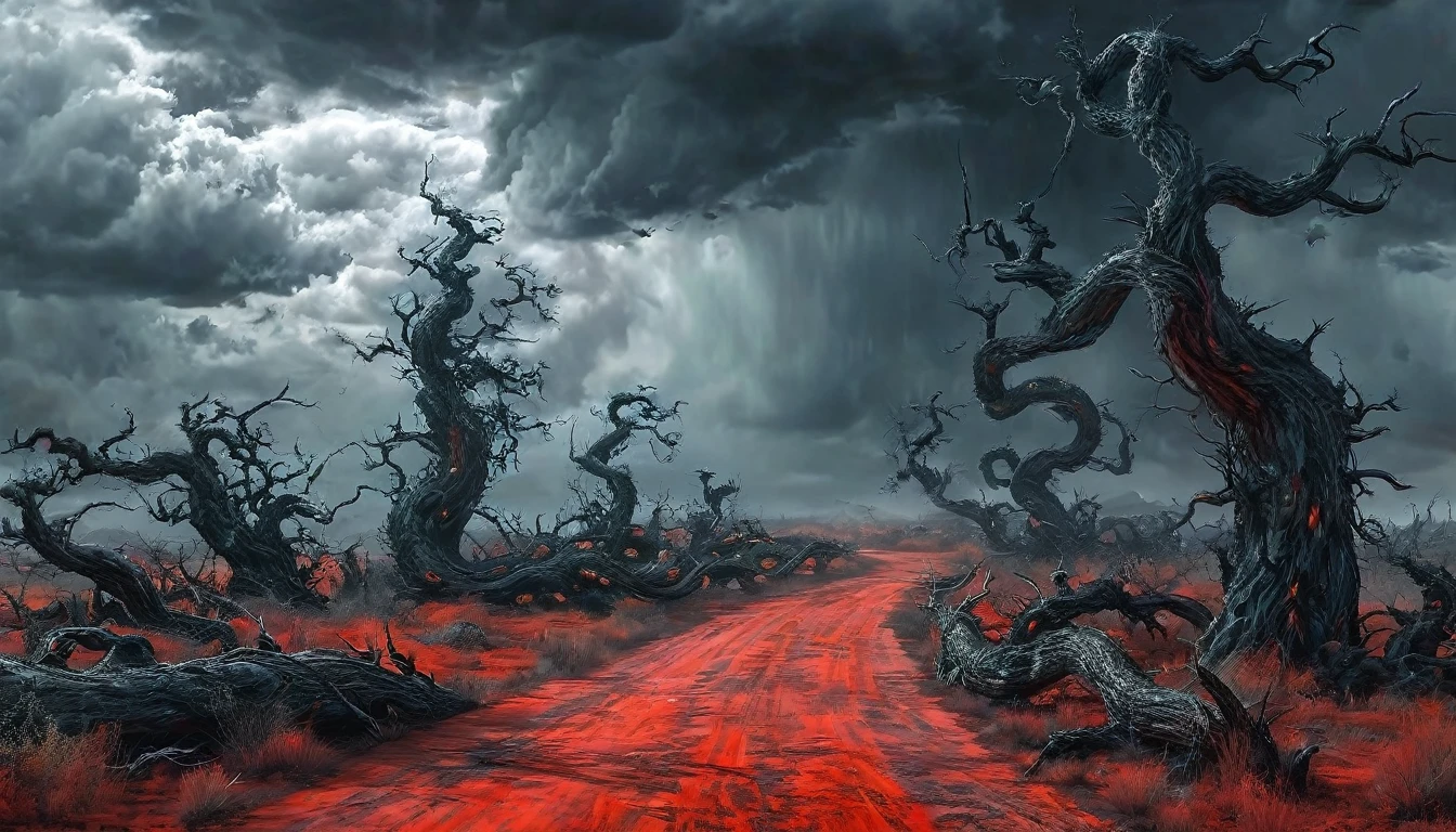 road to hell,dead trees,bloody red snake,heavy clouds,sinister,detailed matte painting,hyperdetailed charcoal drawing,oil painting by James Gurney,(best quality,4k,8k,highres,masterpiece:1.2),ultra-detailed,(realistic,photorealistic,photo-realistic:1.37),HDR,UHD,studio lighting,ultra-fine painting,sharp focus,physically-based rendering,extreme detail description,professional,vivid colors,bokeh,portraits,landscape,horror,anime,sci-fi,photography,concept artists,cooler tones,moody lighting.