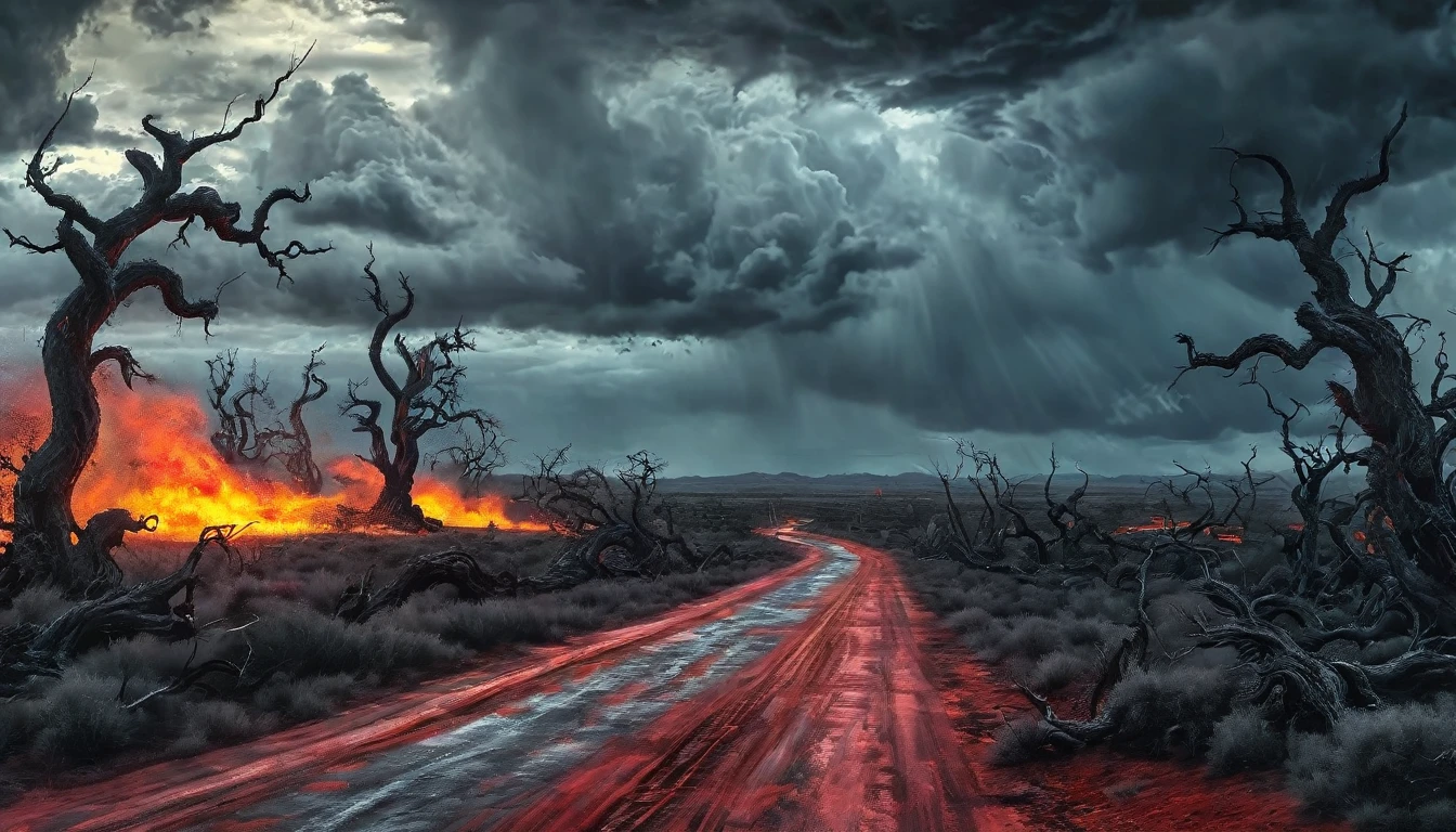 road to hell,dead trees,bloody red snake,heavy clouds,sinister,detailed matte painting,hyperdetailed charcoal drawing,oil painting by James Gurney,(best quality,4k,8k,highres,masterpiece:1.2),ultra-detailed,(realistic,photorealistic,photo-realistic:1.37),HDR,UHD,studio lighting,ultra-fine painting,sharp focus,physically-based rendering,extreme detail description,professional,vivid colors,bokeh,portraits,landscape,horror,anime,sci-fi,photography,concept artists,cooler tones,moody lighting.