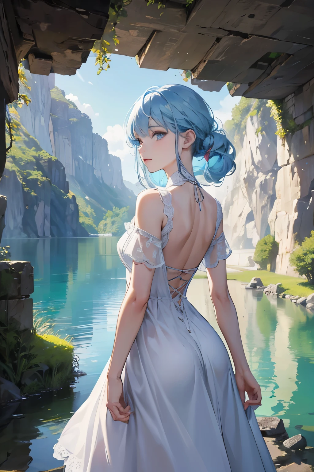 (absurdres, highres, ultra detailed),masterpiece,best quality,high resolution,8k,Realistic face,Realistic skin texture,magnified textures, stunning clarity,detailed anime girl,ultra detailed eyes and faces,standing distopian society,pale skin,light blue hair,cave,lake,ruins,cowboy shot,look at viewer,from behind,beautiful dress,Open back,thin body type