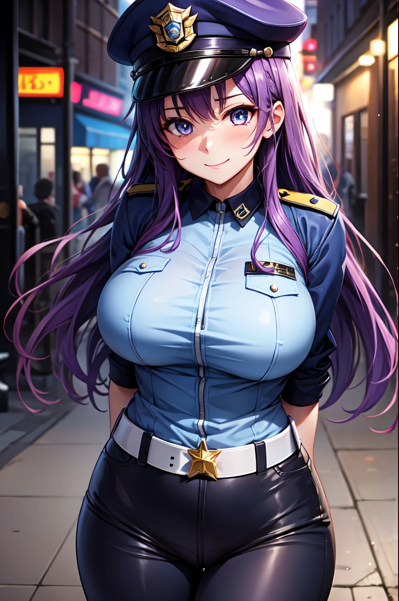 (High quality, High resolution, Fine details), Alley, Police Clothing, Police Hats, solo, curvy adult women, purple hair, sparkling eyes, (Detailed eyes:1.2), smile, blush, Sweat, Oily skin, Soft tones, shallow depth of field