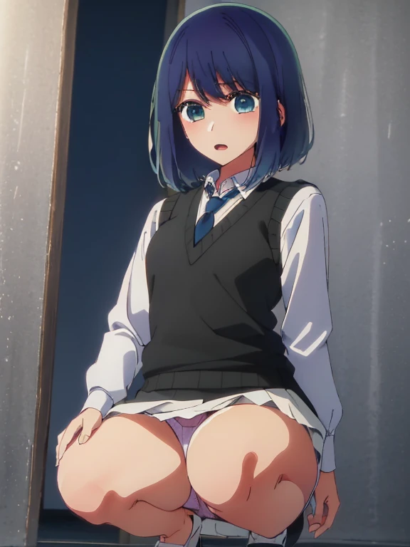 Beautiful lighting, One Girl, solo, Akane, White shirt, (((skirt))),Sweater vest, Black vest, Blue tie, ((Anime Style))、((2D))、blush、Open your mouth、Look forward,((Cotton panties with crotch)),(((skirtめくり, I can see your pants))),squat,From below,squat,squat,