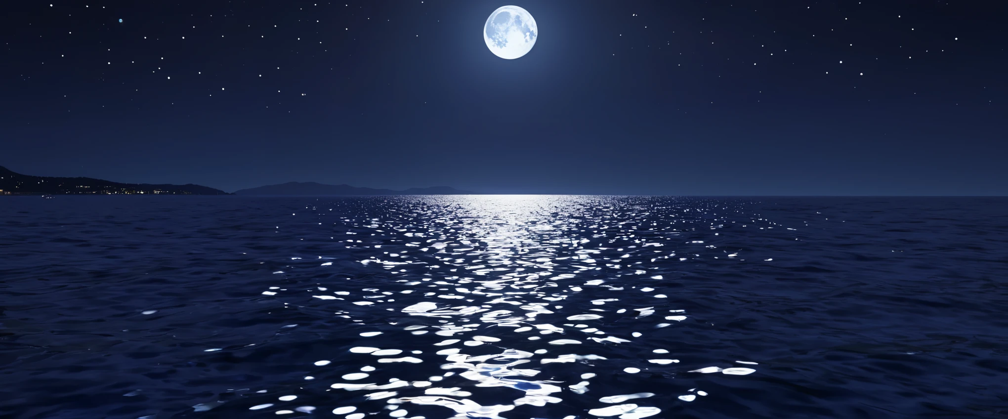 night,Deep blue waters wash the coastline,,The moonlight leaves dots of starlight on the sea,Côte d'Azur,dark blue tint,reflection,真实光线reflection,True ray tracing,OC Renderer,Octane renderer