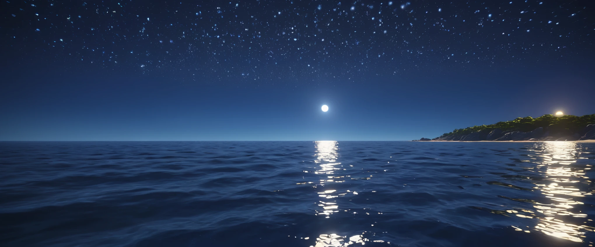 night，Deep blue waters wash the coast，The moonlight leaves dots of starlight on the sea，reflection，真实光线reflection，True ray tracing，OC Renderer，Octane renderer