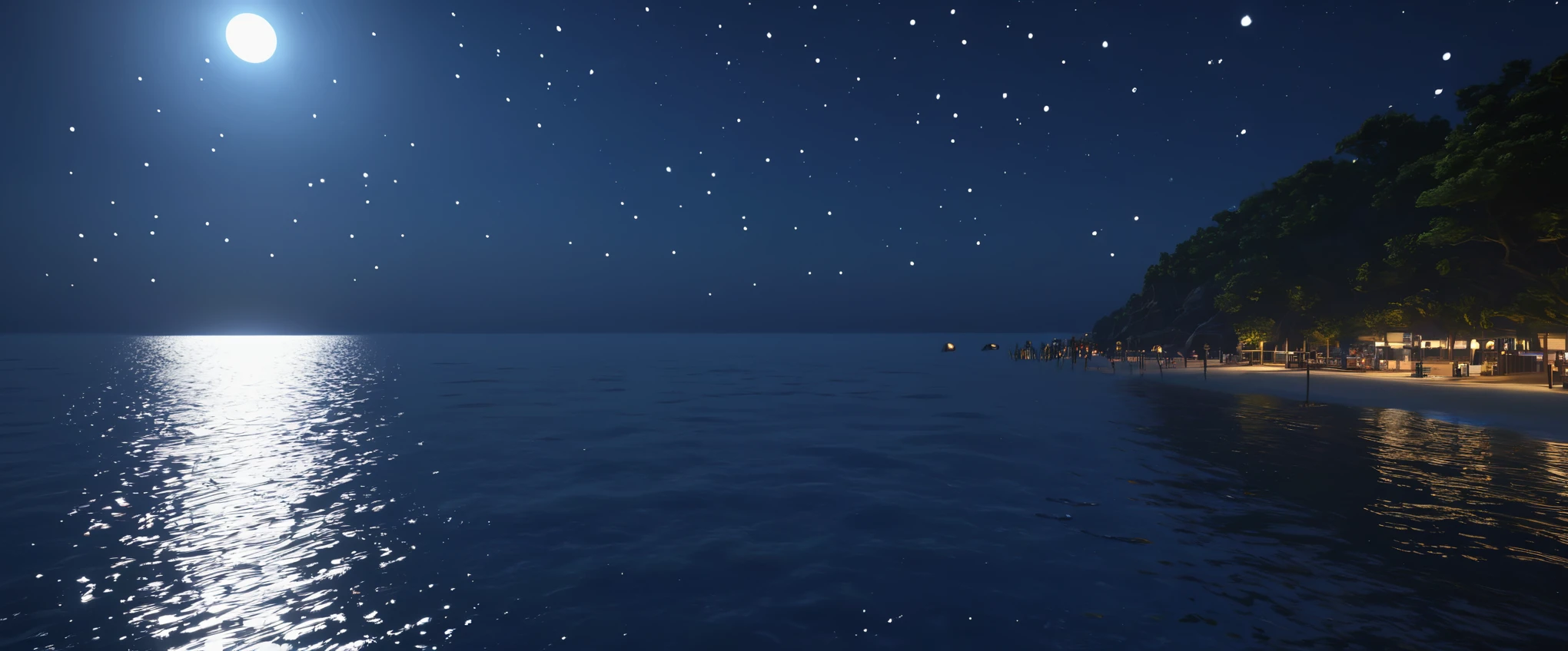 night,Deep blue waters wash the coast,The moonlight leaves dots of starlight on the sea,reflection,真实光线reflection,True ray tracing,OC Renderer,Octane renderer