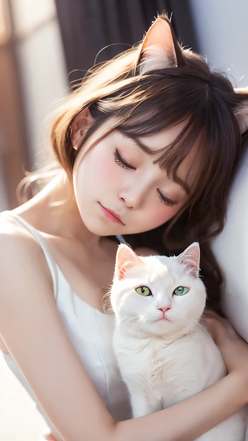 masterpiece, 4k, Bokeh, (Kawaii:1.5), (Beautiful girl:1.3), (Japanese idle:1.6), (Cat ear:1.3) , (white onepiece:1.3),  Blushed face, looking at the viewer, cowboy shot, (Hold pretty slleeping white cat :1.5), (Close eyes:1.3), (white background :1.4), 