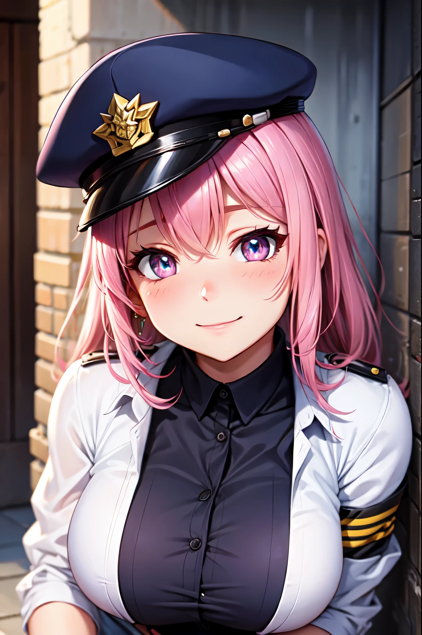 (High quality, High resolution, Fine details), Alley, Police Clothing, Police Hats, solo, curvy adult women, pink hair, sparkling eyes, (Detailed eyes:1.2), smile, blush, Sweat, Oily skin, Soft tones, shallow depth of field