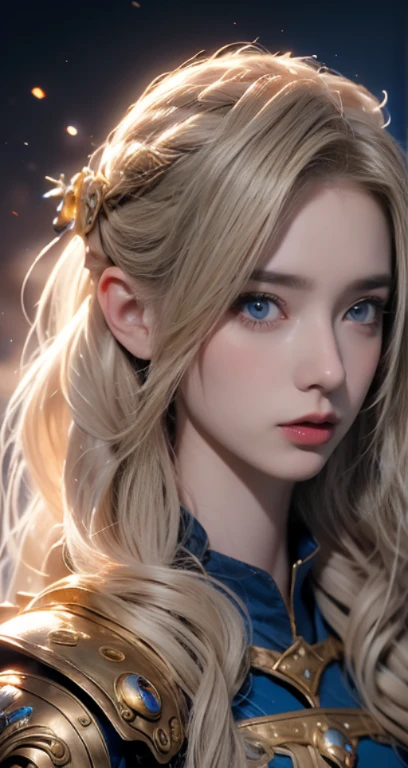 1girl cyberpunk  , blue eye, blond hair, around 17 years old, (gold ), tmasterpiece，Best quality at best，A high resolution，8K，((Portrait))，，Original photo，real photograph，digital photography，(Female princess in the medieval fantasy style), sexy princess ，blue eye， super colossal breast, round colossal breast ，
