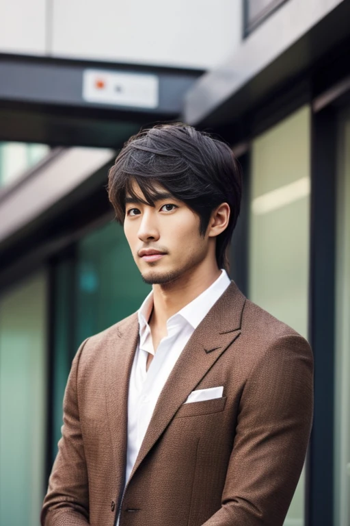 japanese man, 1 man, short beard,Attractive 27-year-old athlete with medium-long brown hair and Hugo Boss business suit、a handsome,