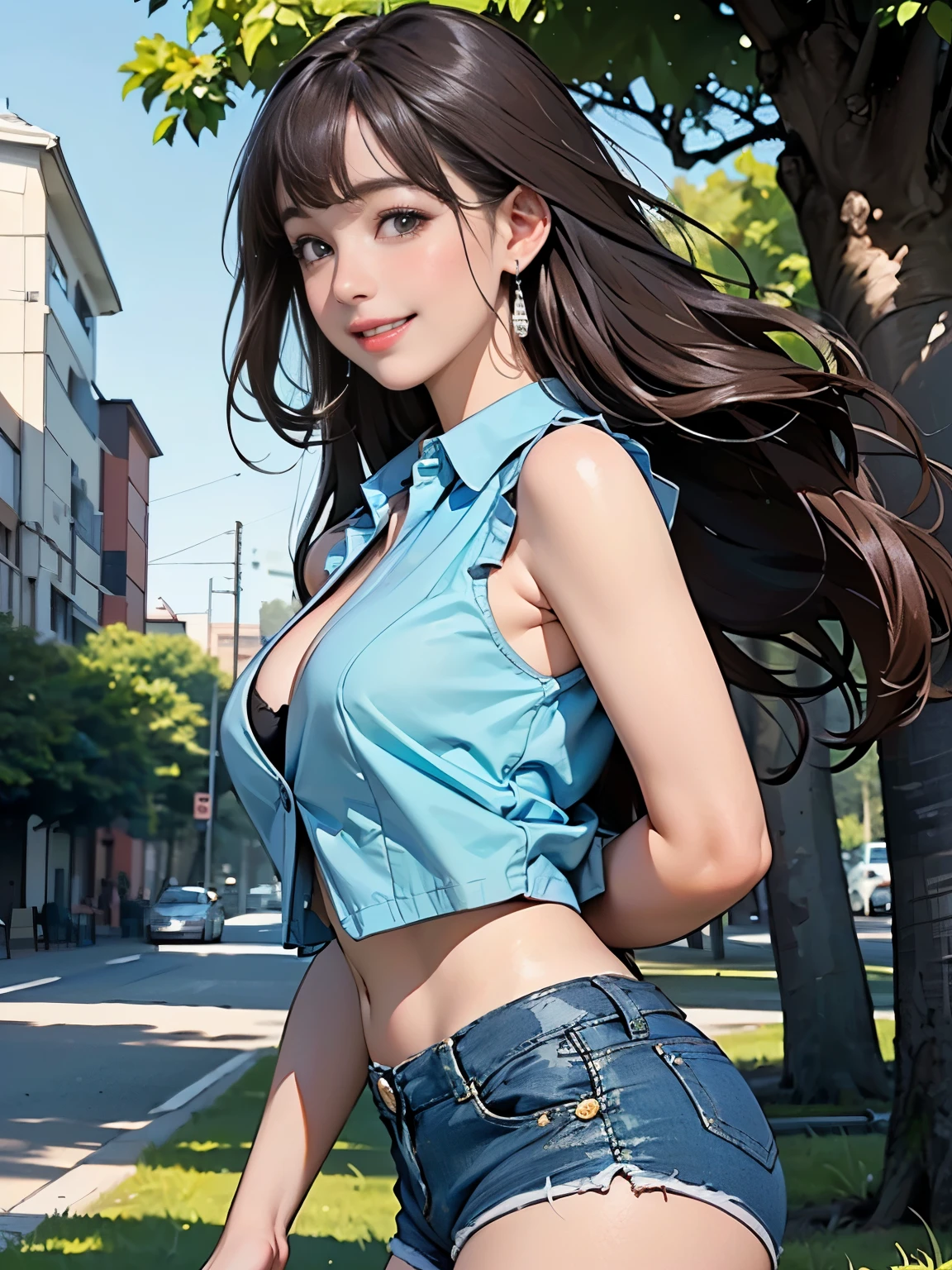 ((((highest quality))))、(((Ultra-precision CG16K wallpaper)))、(((masterpiece)))、(((Super detailed)))、(((Extreme detail)))、((１Mature 32 year old woman:1.5))、((Very beautiful Japanese faces))、((Shiraishi Mai:1.5))、((Straight semi-long hair、blunt bangs:1.5))、(Shiny brown hair)、Beautiful delicate eyes、eyeliner、eye shadow、Brown eyes、High nose、Small nostrils、Small Mouth、Seductive lips、Beautiful breasts、((C cup size breasts))、Cleavage、Voluptuous body、eight-headed body、Perfect proportions、Perfect Anatomy、Perfect composition、Beautiful detailed shading、Beautiful, natural lighting、Beautiful detail glow、Depth of written boundary、(((High chroma)))、(((Real:1.9)))、((vivid:1.5))、((Beautiful Skin))、((Skin Texture))、((Realな皮膚感))、(((Cowboy Shot:1.6)))、((Front view、Front low angle:1.6))、((Shy laugh:1.5))、(The woman is facing this way:1.5)、Bright daylight、Natural light、(((Park Square、Trees:1.5)))、(Standing pose:1.5)、(((Marine blue sleeveless collared cropped shirt、Marine blue hot pants:1.6)))、((Earrings、Wearing a necklace:1.3))、(((Hair blowing in the wind:1.6)))、