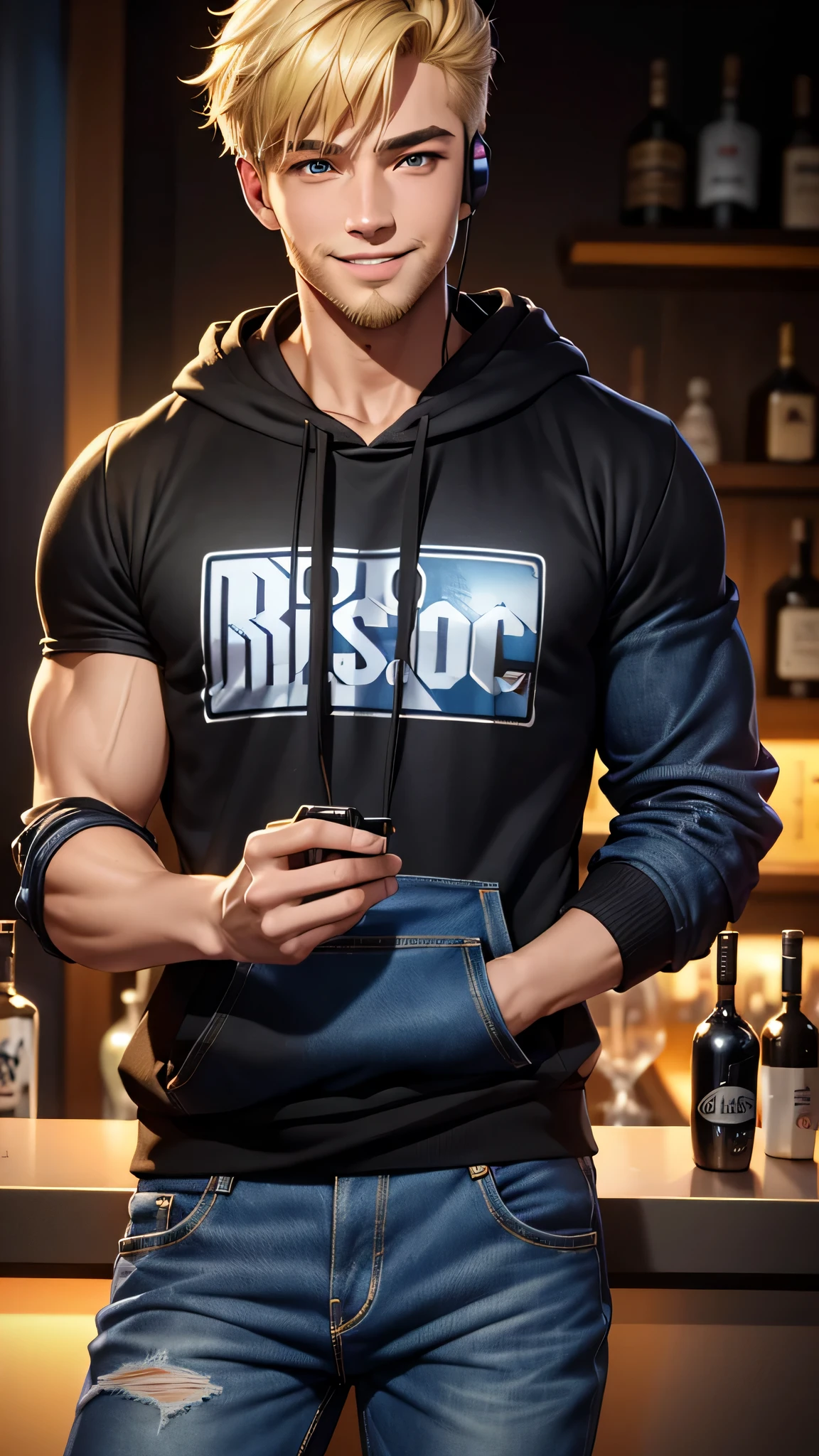 最high quality、Best image quality、masterpiece、male((20-year-old、Blonde、Shortcuts,Black hoodie、Blue denim trouseressy Hair、Muscle chamber、smile、earphone jack,beard、Macho)),high quality、Beautiful art、background((Disco、Cocktail Bar))、Flight、Flying debris、Written boundary depth、movie、Visual Arts、Perfect art、8K,Genuine、