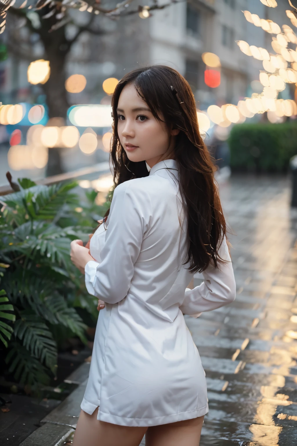 1 vietnam girl wearing Ao Dai, white Ao Dai are very tight, ((best quality, 8k, masterpiece: 1.3))white bra, focus: 1.2, perfect body beauty: 1.4, (wet clothes: 1.1), (rain, street: 1.3 ), (Breasts: 1.2), (Ao Dai: 1.2), Bare shoulders, Bare legs, Highly detailed face and skin texture, Beautiful eyes, Double eyelids, Whitened skin, Long hair, (Hush: 1.5), ( Bokeh background: 1.5),