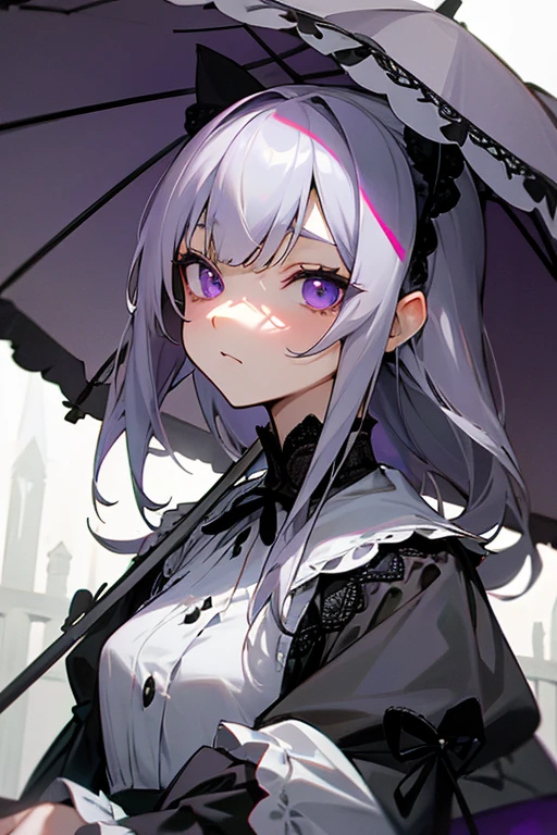 Gray Hair、long、Eyes are purple、black lace dress、cute、Expressionless、solo、No parasol、髪飾り無しのlongストレート
