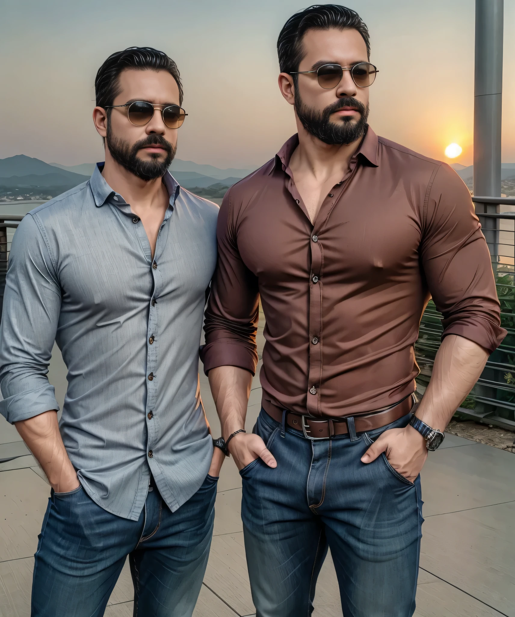 Obra maestra, desenfoque de campo, Parte superior del cuerpo, Hands in pants pockets , Two 38 year old men with beards and square sunglasses... Men dressed in a shirt at an action movie in Japan with a sunset in the background.