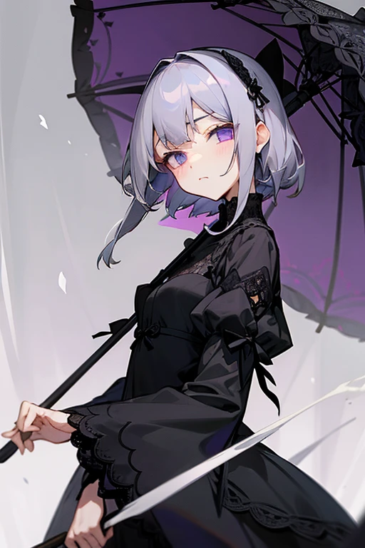 Gray Hair、long、Eyes are purple、black lace dress、cute、Expressionless、solo、No parasol、髪飾り無しのlongストレート